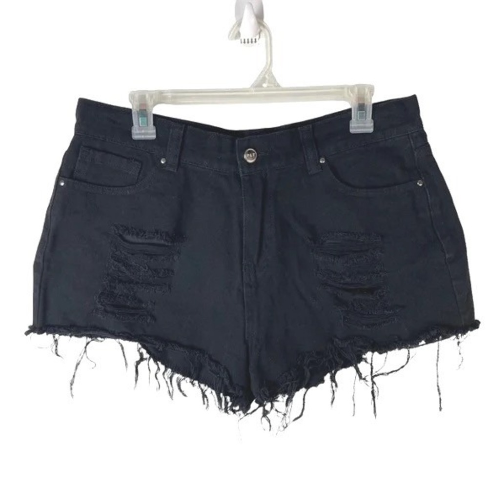 PrettyLittleThing Black Distressed Denim Shorts High Rise Y2K Grunge 8